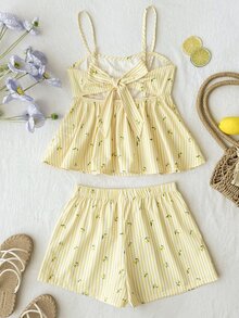 SHEIN 兒童青少年女孩套裝 夏季休閒度假風 奶油檸檬黃條紋 背後蝴蝶結裝飾 吊帶背心上衣與寬鬆短褲套裝，適合日常穿著、度假、返校 - 黃色 - 查看 4