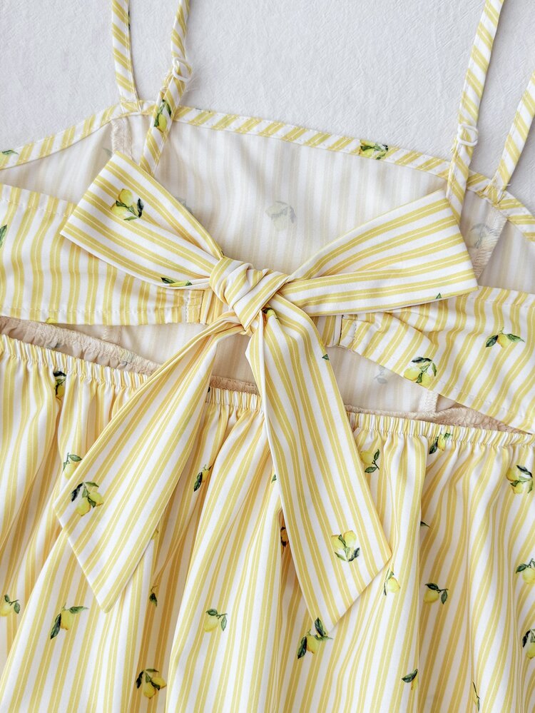 SHEIN Kids Teen Girls Sets Summer Casual Vacation Cream Lemon Yellow Striped Back Bow Decor Cami Tank Top And Loose Shorts Set, Suitable For Daily Wear, Vacation, Back To School - Yellow - View 6