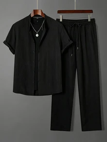 Manfinity Homme 2件組男士襯衫套裝，黑色穿搭，短袖襯衫配長褲，彈性腰帶附側口袋，年輕街頭風，Ins熱銷，送給男友的禮物，成熟休閒運動街頭日常通勤百搭返校度假穿搭，送給男友和丈夫的頂級禮物選擇，情侶套裝 - 黑色 - 查看 3