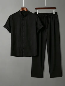 Manfinity Homme 2件組男士襯衫套裝，黑色穿搭，短袖襯衫配長褲，彈性腰帶附側口袋，年輕街頭風，Ins熱銷，送給男友的禮物，成熟休閒運動街頭日常通勤百搭返校度假穿搭，送給男友和丈夫的頂級禮物選擇，情侶套裝 - 黑色 - 查看 7