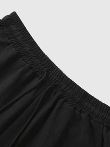 Manfinity Homme 2件組男士襯衫套裝，黑色穿搭，短袖襯衫配長褲，彈性腰帶附側口袋，年輕街頭風，Ins熱銷，送給男友的禮物，成熟休閒運動街頭日常通勤百搭返校度假穿搭，送給男友和丈夫的頂級禮物選擇，情侶套裝 - 黑色 - 查看 8