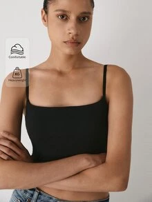 YARNWELL 女款素色修身休閒百搭細肩帶背心 - 黑色 - 查看 7