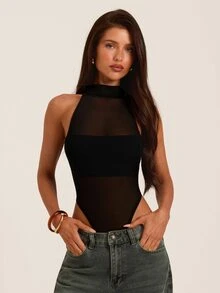 SHEIN BAE Spring/Summer / Pure Black / Halter Neck High Collar Semi-Sheer Mesh Patchwork Ruched High Slit Bodysuit / Sexy Hot Girl Slim Fit Sheer Inner Layer Bodysuit + Outerwear Layering, Nightclub Outfit, Date Night Base, Home Wear, Niche Style - Black - View 6