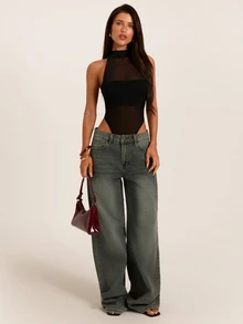 SHEIN BAE Spring/Summer / Pure Black / Halter Neck High Collar Semi-Sheer Mesh Patchwork Ruched High Slit Bodysuit / Sexy Hot Girl Slim Fit Sheer Inner Layer Bodysuit + Outerwear Layering, Nightclub Outfit, Date Night Base, Home Wear, Niche Style - Black - View 3