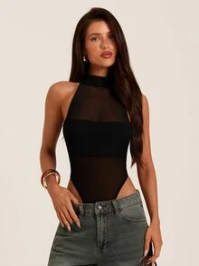 SHEIN BAE Spring/Summer / Pure Black / Halter Neck High Collar Semi-Sheer Mesh Patchwork Ruched High Slit Bodysuit / Sexy Hot Girl Slim Fit Sheer Inner Layer Bodysuit + Outerwear Layering, Nightclub Outfit, Date Night Base, Home Wear, Niche Style - Black - View 5