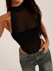 SHEIN BAE Spring/Summer / Pure Black / Halter Neck High Collar Semi-Sheer Mesh Patchwork Ruched High Slit Bodysuit / Sexy Hot Girl Slim Fit Sheer Inner Layer Bodysuit + Outerwear Layering, Nightclub Outfit, Date Night Base, Home Wear, Niche Style - Black - View 8