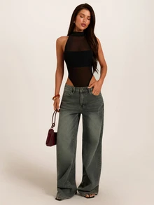 SHEIN BAE Spring/Summer / Pure Black / Halter Neck High Collar Semi-Sheer Mesh Patchwork Ruched High Slit Bodysuit / Sexy Hot Girl Slim Fit Sheer Inner Layer Bodysuit + Outerwear Layering, Nightclub Outfit, Date Night Base, Home Wear, Niche Style - Black - View 1