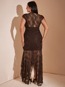 SHEIN BAE CURVE 大尺碼女款棕色不對稱下擺長洋裝，優雅長洋裝 - 棕色 - 查看 3