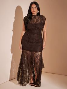 SHEIN BAE CURVE 大尺碼女款棕色不對稱下擺長洋裝，優雅長洋裝 - 棕色 - 查看 5