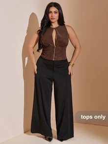 SHEIN BAE CURVE Plus Size Washed Distressed Leather Chocolate Brown Tube Top,Zipper Hollow Night Out Cocktail Rave Party Date Evening For Women,Summer Sexy Elegant - Grey - View 4