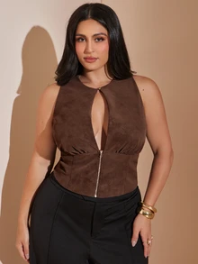 SHEIN BAE CURVE Plus Size Washed Distressed Leather Chocolate Brown Tube Top,Zipper Hollow Night Out Cocktail Rave Party Date Evening For Women,Summer Sexy Elegant - Grey - View 5