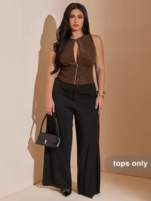 SHEIN BAE CURVE Plus Size Washed Distressed Leather Chocolate Brown Tube Top,Zipper Hollow Night Out Cocktail Rave Party Date Evening For Women,Summer Sexy Elegant - Grey - View 3