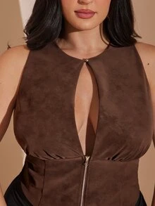 SHEIN BAE CURVE Plus Size Washed Distressed Leather Chocolate Brown Tube Top,Zipper Hollow Night Out Cocktail Rave Party Date Evening For Women,Summer Sexy Elegant - Grey - View 6
