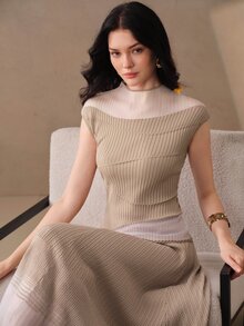 Anewsta 女款時尚復古羅紋針織上衣，百搭款 - 杏色 - 查看 5