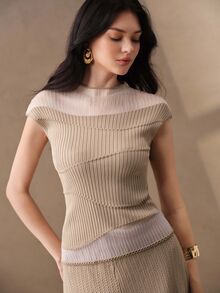 Anewsta 女款時尚復古羅紋針織上衣，百搭款 - 杏色 - 查看 3