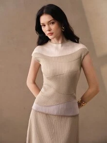 Anewsta 女款時尚復古羅紋針織上衣，百搭款 - 杏色 - 查看 4