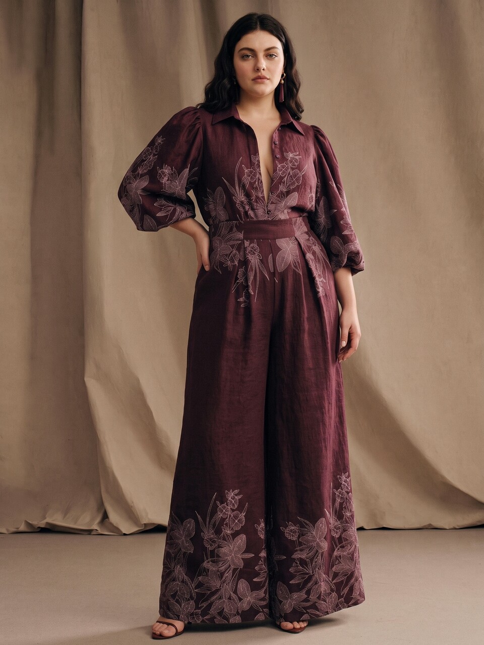 Elegant Dark Floral Embroidered Loose Collar Puff Sleeve Blouse + Wide Leg Pants Women Plus Size 2 Pieces Set Fall