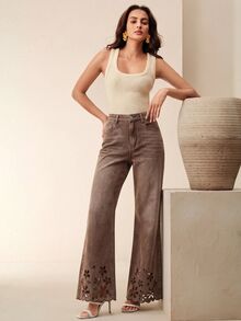 Anewsta 女款休閒刺繡鏤空口袋設計喇叭牛仔褲 - 咖啡棕 - 查看 7