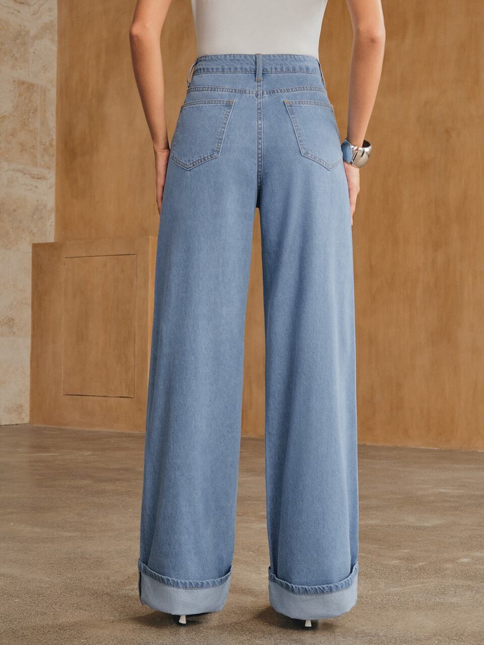Anewsta Fashion Party Blue Button Pocket Straight Leg Jeans