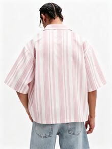 SUMWON Oversized Short Sleeve Button-Up Shirt With Vertical Stripe Pattern And Classic Collar For Summer Casual Wear - Dusty Pink - View 2