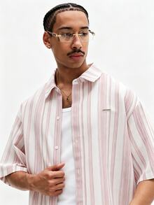 SUMWON Oversized Short Sleeve Button-Up Shirt With Vertical Stripe Pattern And Classic Collar For Summer Casual Wear - Dusty Pink - View 4