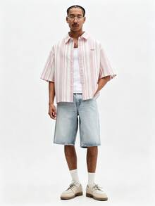 SUMWON Oversized Short Sleeve Button-Up Shirt With Vertical Stripe Pattern And Classic Collar For Summer Casual Wear - Dusty Pink - View 3
