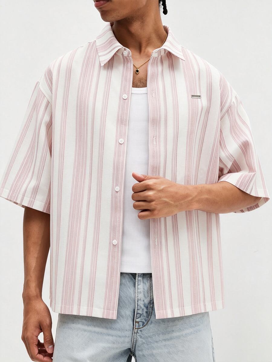 SUMWON Oversized Short Sleeve Button-Up Shirt With Vertical Stripe Pattern And Classic Collar For Summer Casual Wear - Dusty Pink - View 1