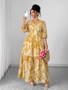 Elenzga 大尺碼女款新款優雅休閒度假日常涼感面料清新印花短袖春夏秋洋裝 - 薑色 - 查看 8