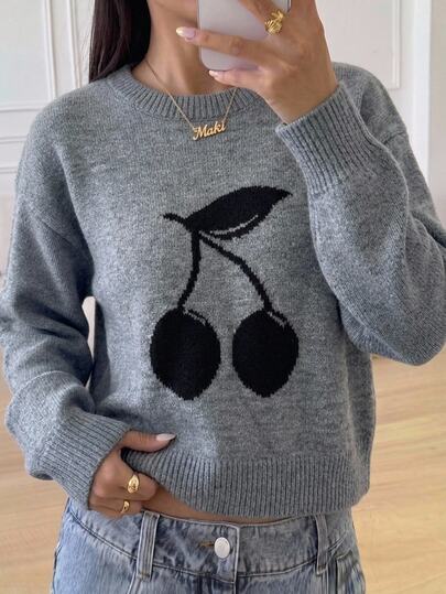 SHEIN Girls' Autumn/Winter Fashion Minimalist Casual Cherry Pattern Jacquard Round Neck Grey Drop Shoulder Long Sleeve Knit Sweater