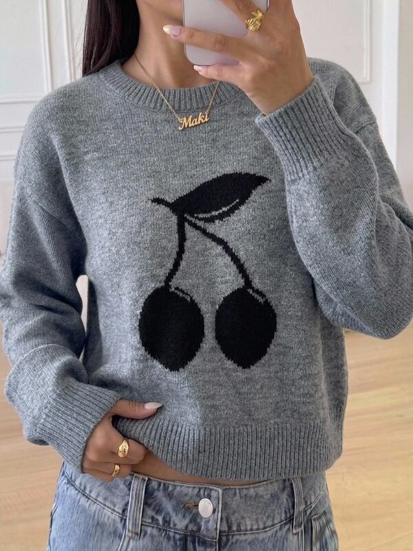 SHEIN Girls' Autumn/Winter Fashion Minimalist Casual Cherry Pattern Jacquard Round Neck Grey Drop Shoulder Long Sleeve Knit Sweater