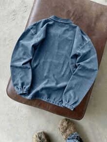 ROMWE MEN Prep Áo polo nam vai trễ in chữ phong cách mài rách wash - Màu xanh lam - Xem 2