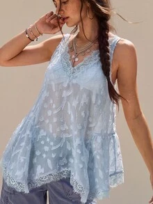 SoleilVie 女款鏤空蕾絲拼接不對稱下擺吊帶上衣，度假風 - 霧霾藍 - 查看 7