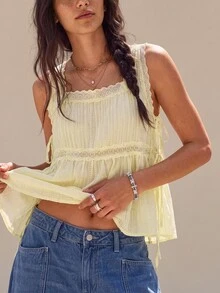 SHEIN Women's Square Neck Lace Trim Patchwork Tie-Up Elegant Fashion Versatile Tank Top - Yellow - View 4