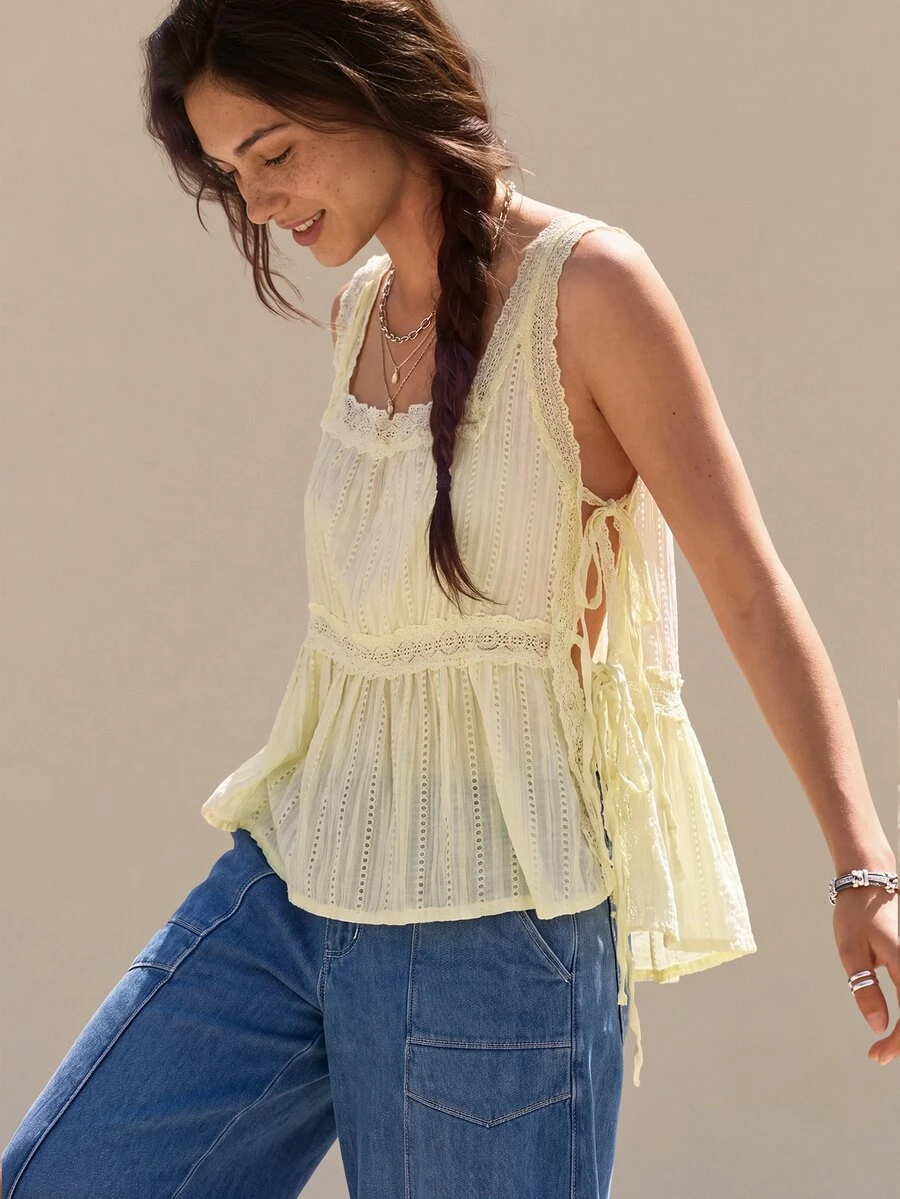 SHEIN Women's Square Neck Lace Trim Patchwork Tie-Up Elegant Fashion Versatile Tank Top - Yellow - View 1