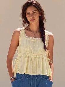 SHEIN Women's Square Neck Lace Trim Patchwork Tie-Up Elegant Fashion Versatile Tank Top - Yellow - View 3
