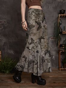 ROMWE Goth Butterfly Print Mesh Skirt - Brown - View 1