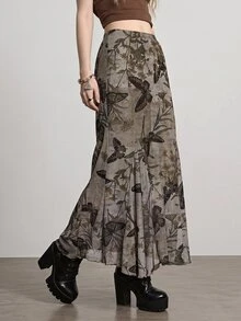 ROMWE Goth Butterfly Print Mesh Skirt - Brown - View 6