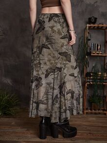 ROMWE Goth Butterfly Print Mesh Skirt - Brown - View 2