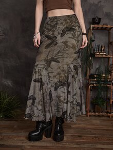 ROMWE Goth Butterfly Print Mesh Skirt - Brown - View 5