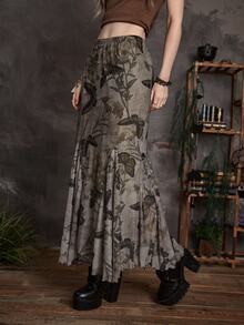 ROMWE Goth Butterfly Print Mesh Skirt - Brown - View 3