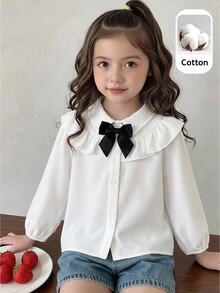 LMoss Kids 女童少女休閒學院風復古優雅修身拼接荷葉領泡泡長袖前開鈕扣白色梭織純色襯衫 - 白色 - 查看 2