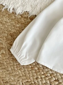 LMoss Kids 女童少女休閒學院風復古優雅修身拼接荷葉領泡泡長袖前開鈕扣白色梭織純色襯衫 - 白色 - 查看 6