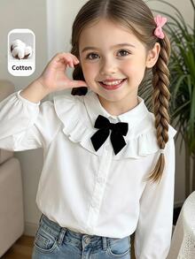 LMoss Kids 女童少女休閒學院風復古優雅修身拼接荷葉領泡泡長袖前開鈕扣白色梭織純色襯衫 - 白色 - 查看 3