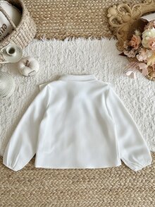 LMoss Kids 女童少女休閒學院風復古優雅修身拼接荷葉領泡泡長袖前開鈕扣白色梭織純色襯衫 - 白色 - 查看 7