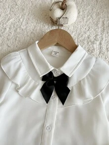 LMoss Kids 女童少女休閒學院風復古優雅修身拼接荷葉領泡泡長袖前開鈕扣白色梭織純色襯衫 - 白色 - 查看 5