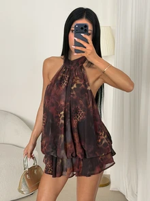 SHEIN PETITE 女款豹紋荷葉邊性感掛脖迷你洋裝，棕色與金色，時尚派對夜店夏季穿搭 - 彩色 - 查看 5