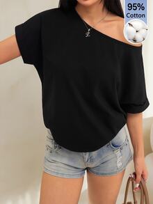 SHEIN PETITE 夏季黑色針織單肩寬鬆女款短袖T恤 小碼日常休閒穿搭 - 黑色 - 查看 8