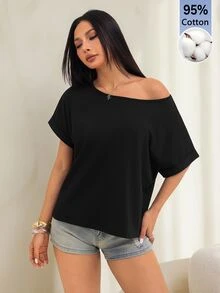 SHEIN PETITE 夏季黑色針織單肩寬鬆女款短袖T恤 小碼日常休閒穿搭 - 黑色 - 查看 3