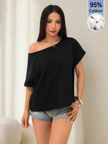 SHEIN PETITE 夏季黑色針織單肩寬鬆女款短袖T恤 小碼日常休閒穿搭 - 黑色 - 查看 7