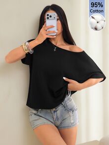 SHEIN PETITE 夏季黑色針織單肩寬鬆女款短袖T恤 小碼日常休閒穿搭 - 黑色 - 查看 6